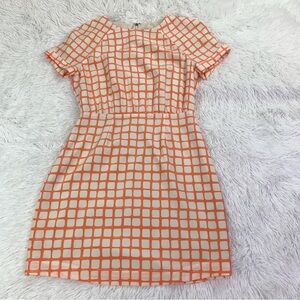 Fossil short sleeve Orange and White Grid Pattern 100% silk mini Dress